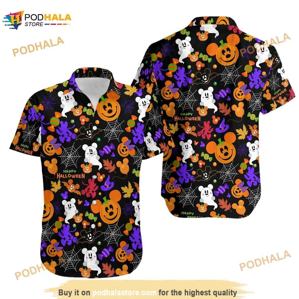 Playful Mickey Mouse Halloween Aloha Shirt With Colorful Pumpkins And Ghosts