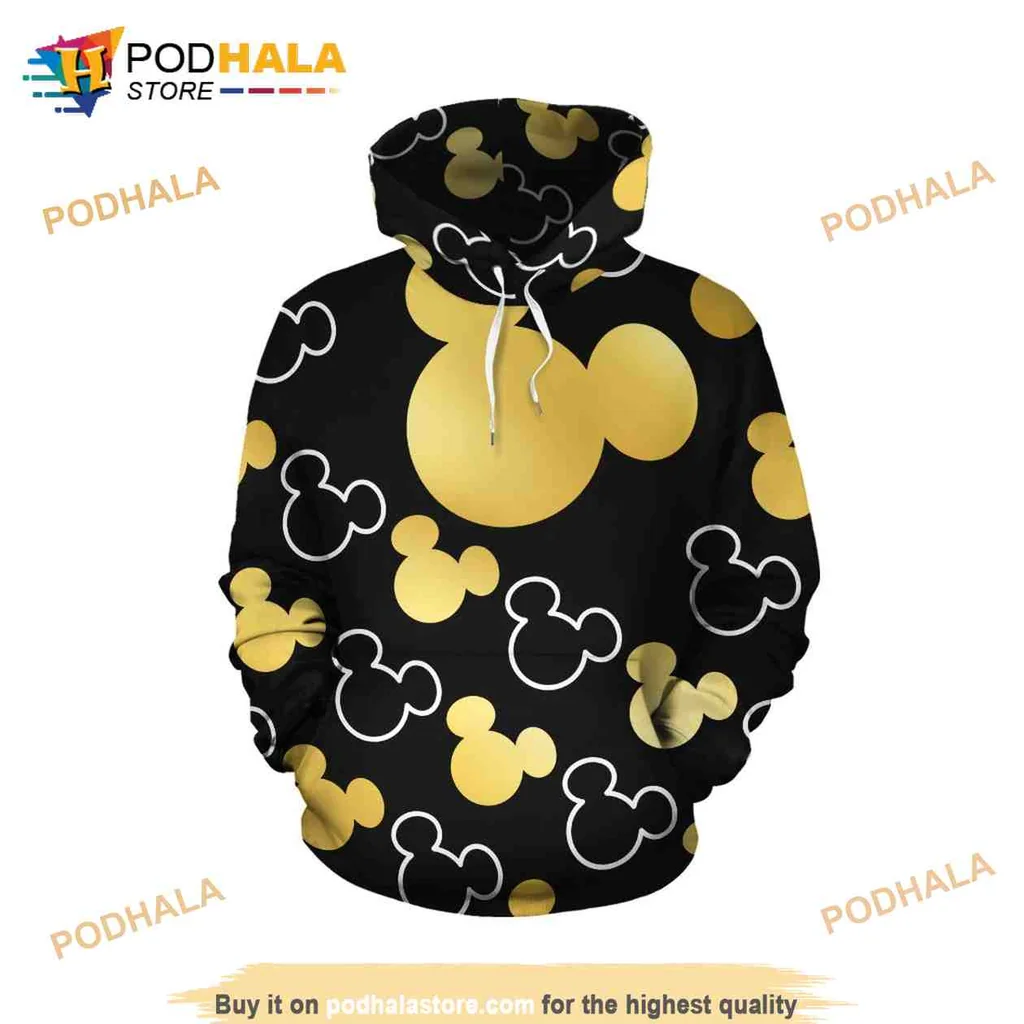 Playful Mickey Mouse Head 3d Hoodie With Bold Black And Gold Design