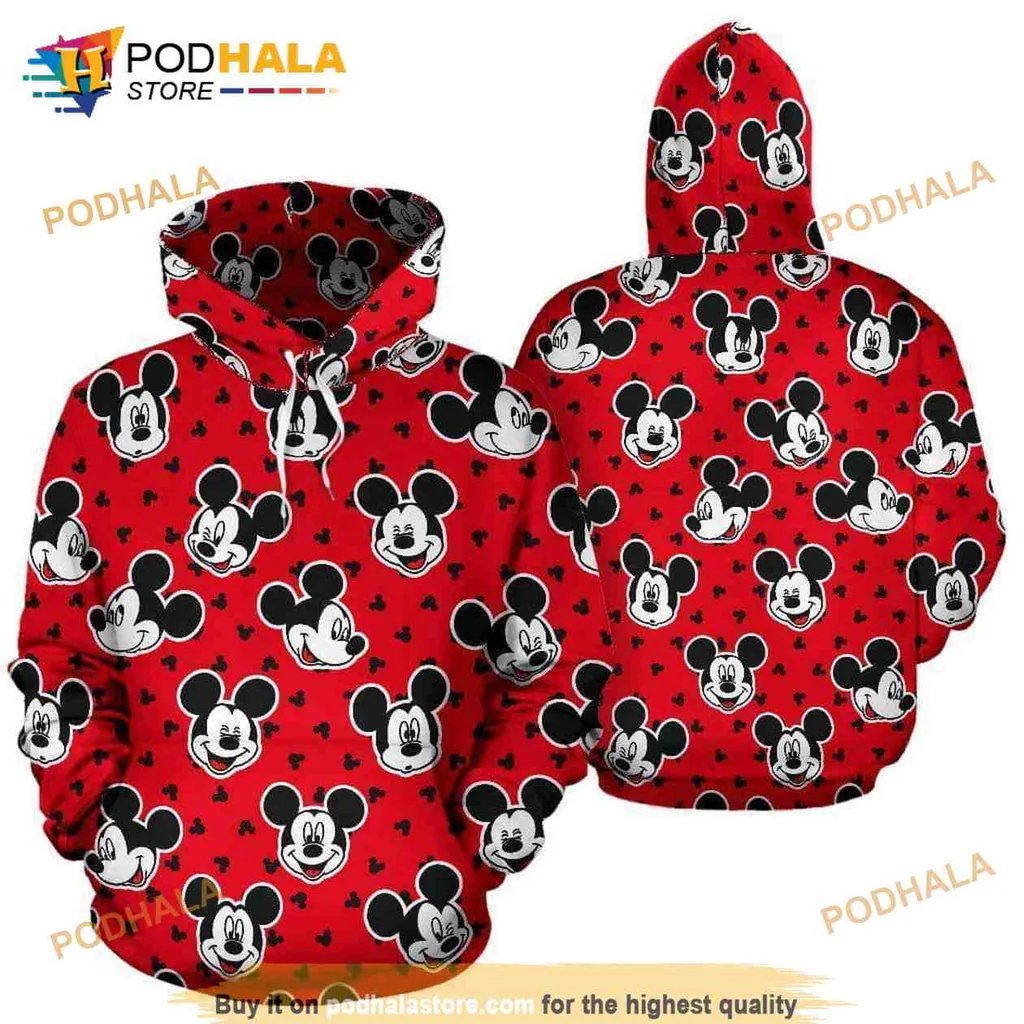 Playful Mickey Mouse Head Pattern 3d Hoodie With Red Background And Hearts
