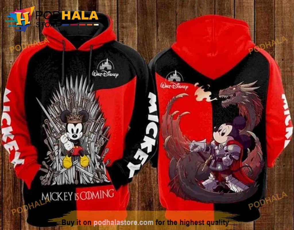 Playful Mickey Mouse Knight 3d Hoodie Featuring Dragon Throne Design