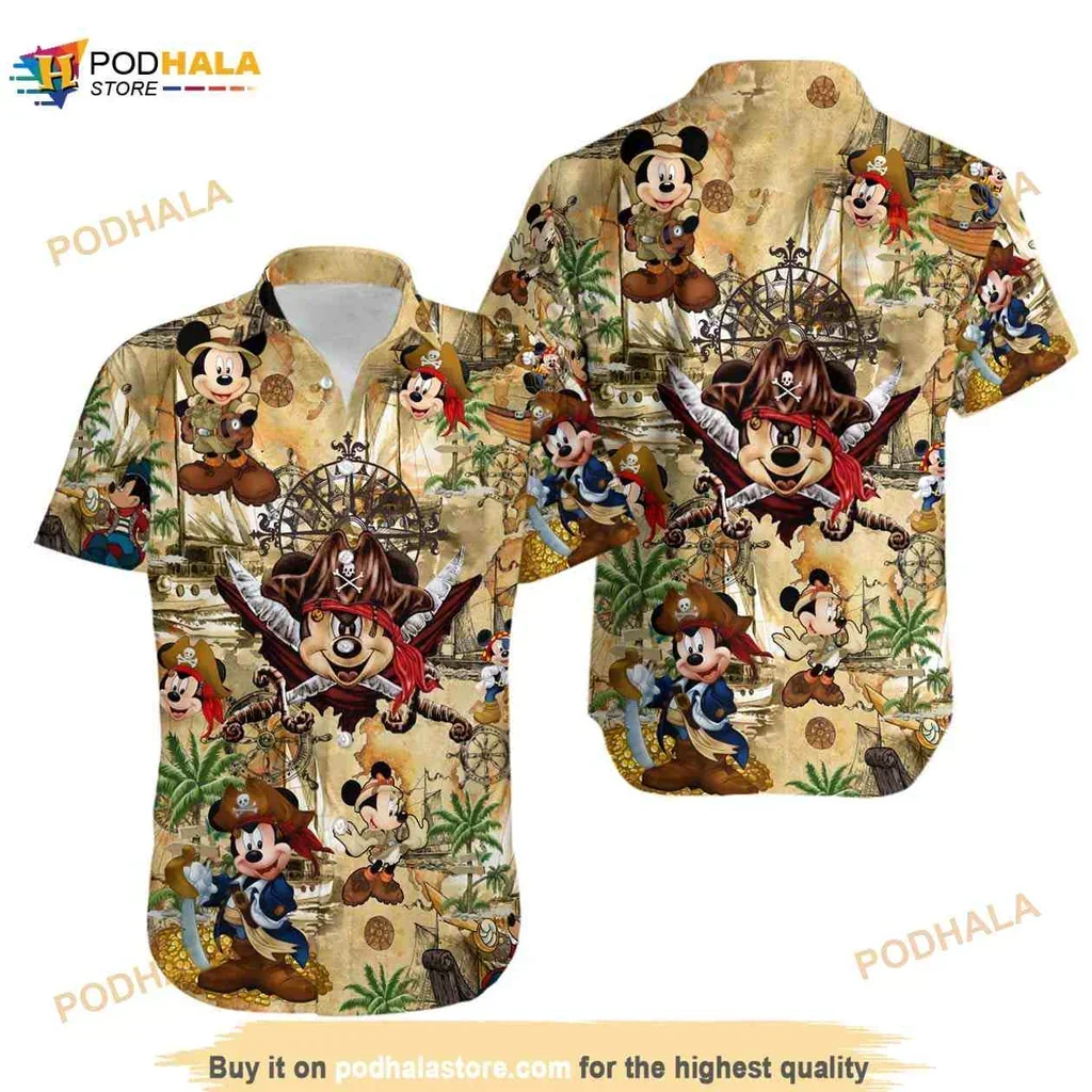 Playful Mickey Mouse Pirate Aloha Shirt With Tropical Adventure Design