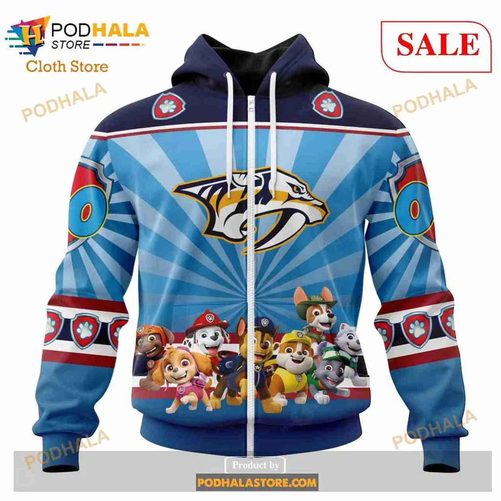 Playful Nashville Predators Paw Patrol All Over Print Hoodie With Colorful Puppy Design Playful Nashville Predators Paw Patrol All Over Print Hoodie With Colorful Puppy Design