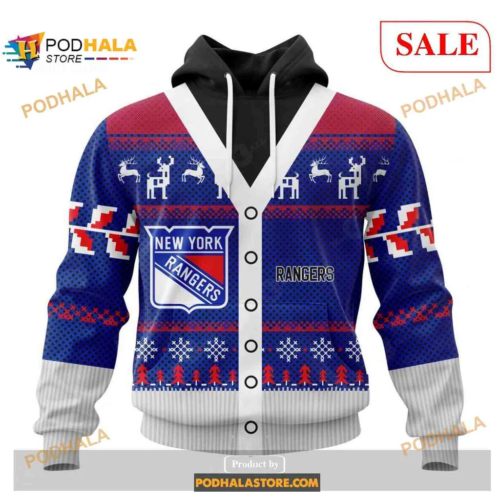 Playful New York Rangers Christmas Hoodie With Vibrant Design And Snowflakes