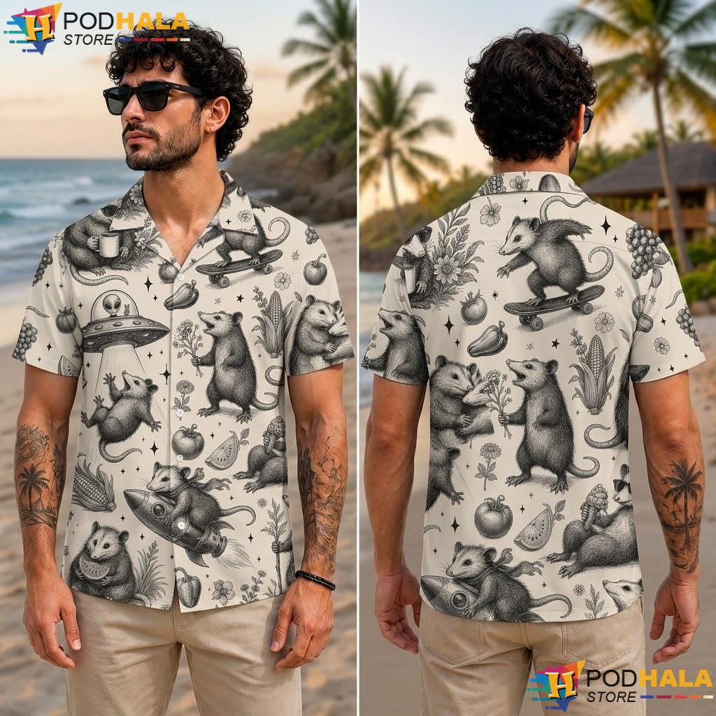 Playful Opossum Festival Aloha Shirt Quirky Graphic Summer Apparel Playful Opossum Festival Aloha Shirt Quirky Graphic Summer Apparel