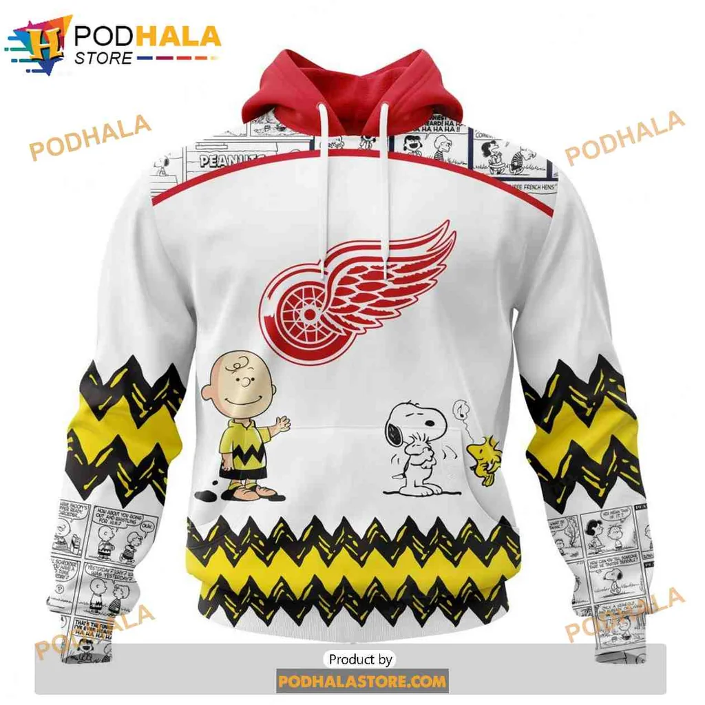 Playful Peanuts Detroit Red Wings 3d Hoodie Featuring Snoopy And Charlie Brown