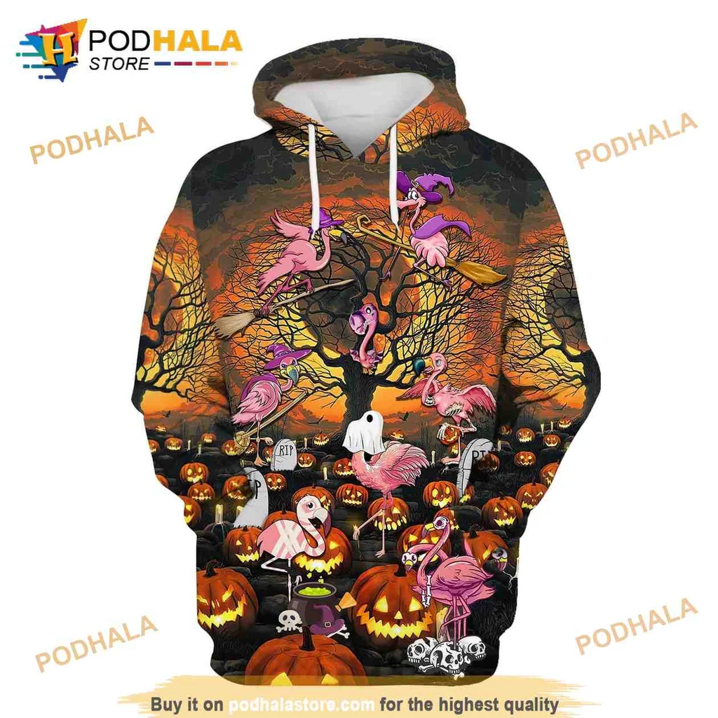 Playful Pink Flamingo Halloween 3d Hoodie With Ghosts And Pumpkins