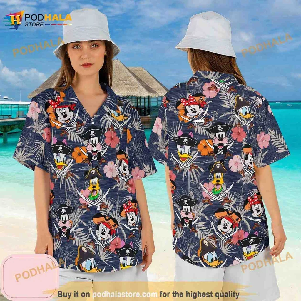 Playful Pirate Mickey Mouse Hawaiian Shirt With Tropical Print