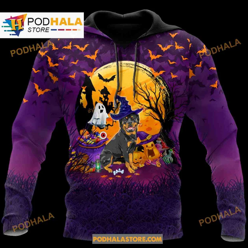 Playful Rottweiler Halloween 3d Hoodie With Witch Hat And Pumpkin Design