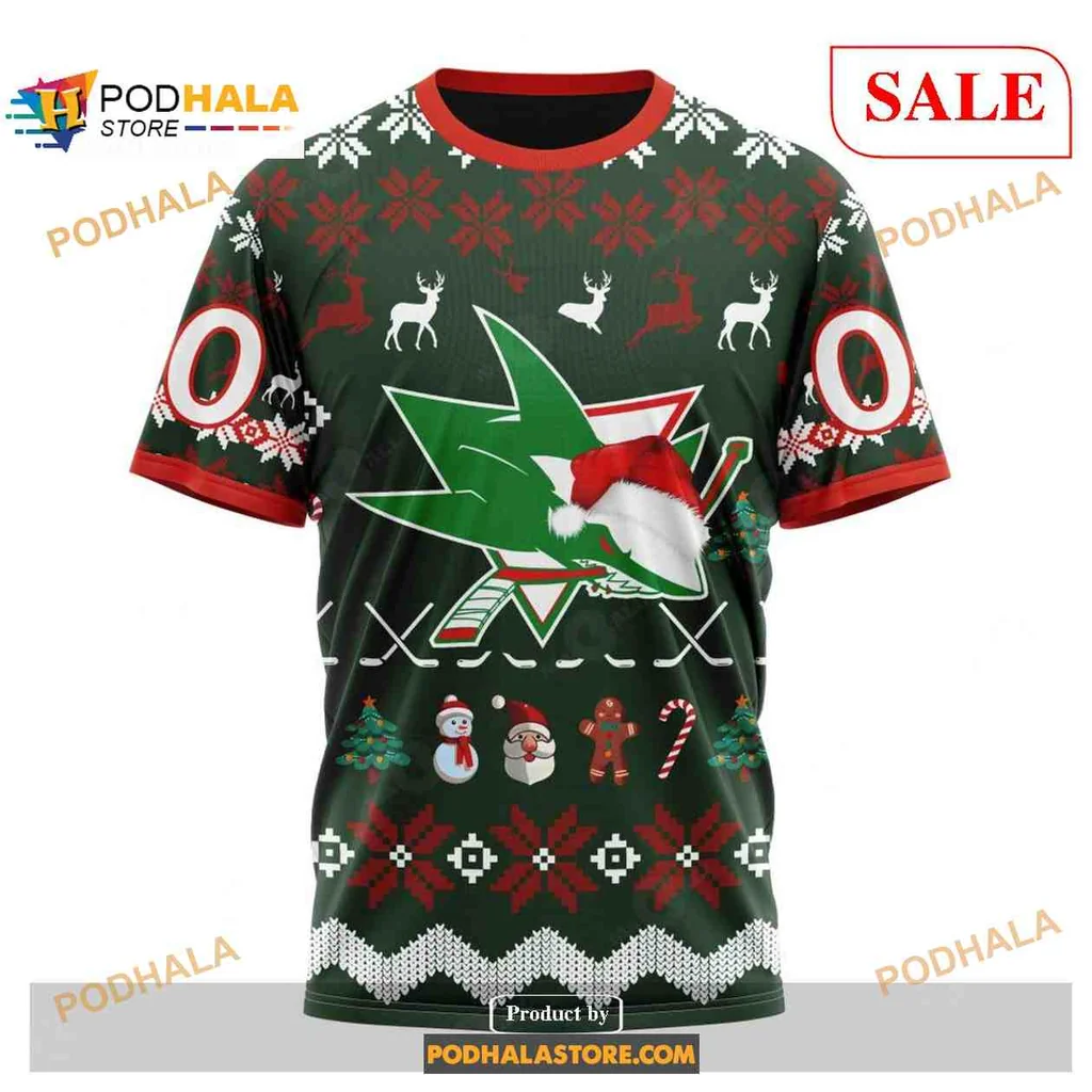 Playful San Jose Sharks Hoodie With Santa Hat And Christmas Elements - View 2 Playful San Jose Sharks Hoodie With Santa Hat And Christmas Elements - View 2