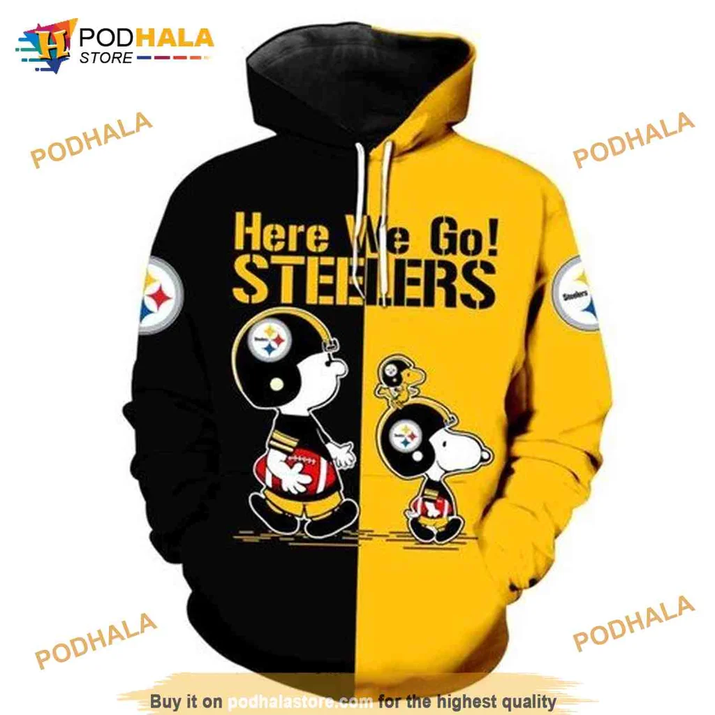 Playful Snoopy Charlie Brown Steelers 3d Hoodie, Here We Go Steelers Design