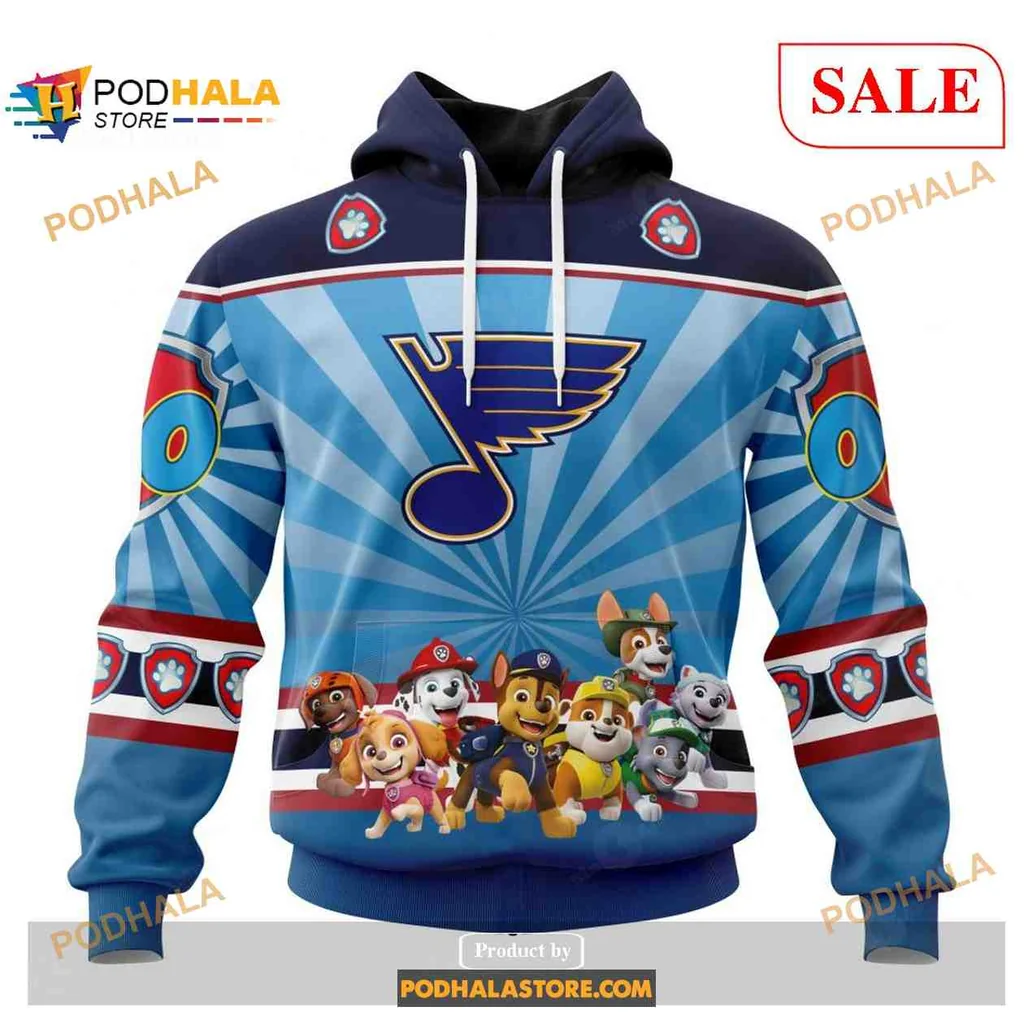 Playful St Louis Blues Paw Patrol Hoodie Featuring Colorful Characters