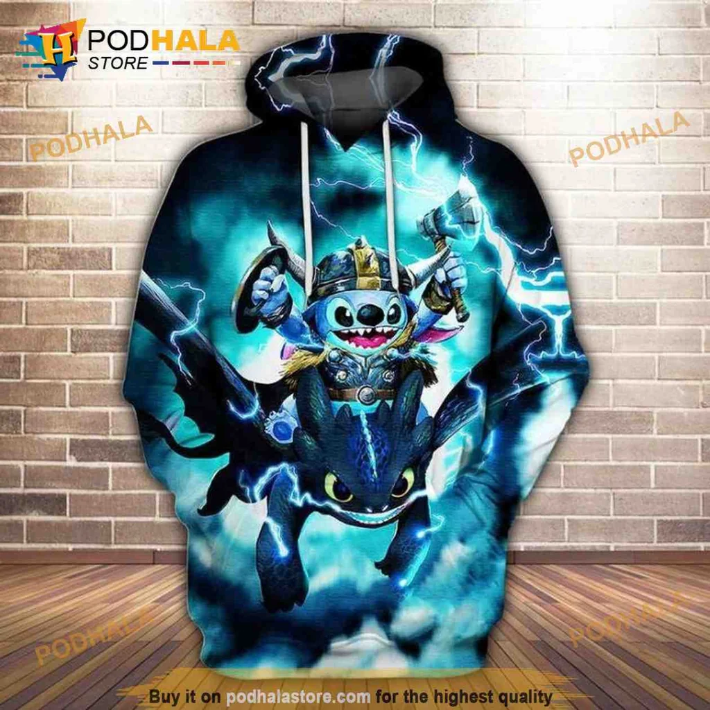 Playful Stitch Riding Toothless 3d Hoodie With Viking Helmet And Lightning Effects