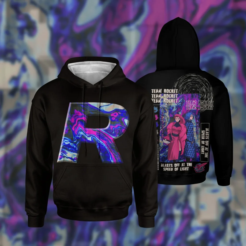 Playful Team Rocket 3d Hoodie With Colorful R Design And Character Illustration