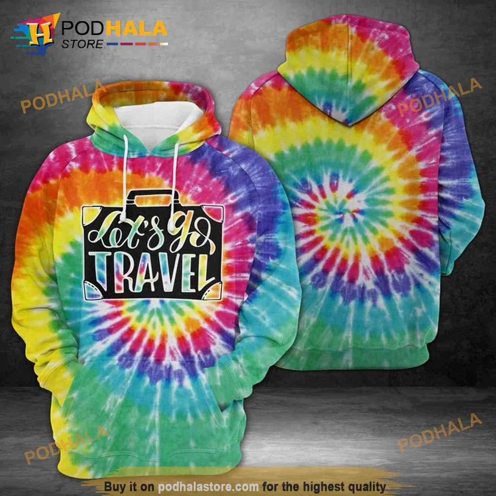 Playful Tie Dye Travel Suitcase 3d Hoodie With Lets Go Travel Design