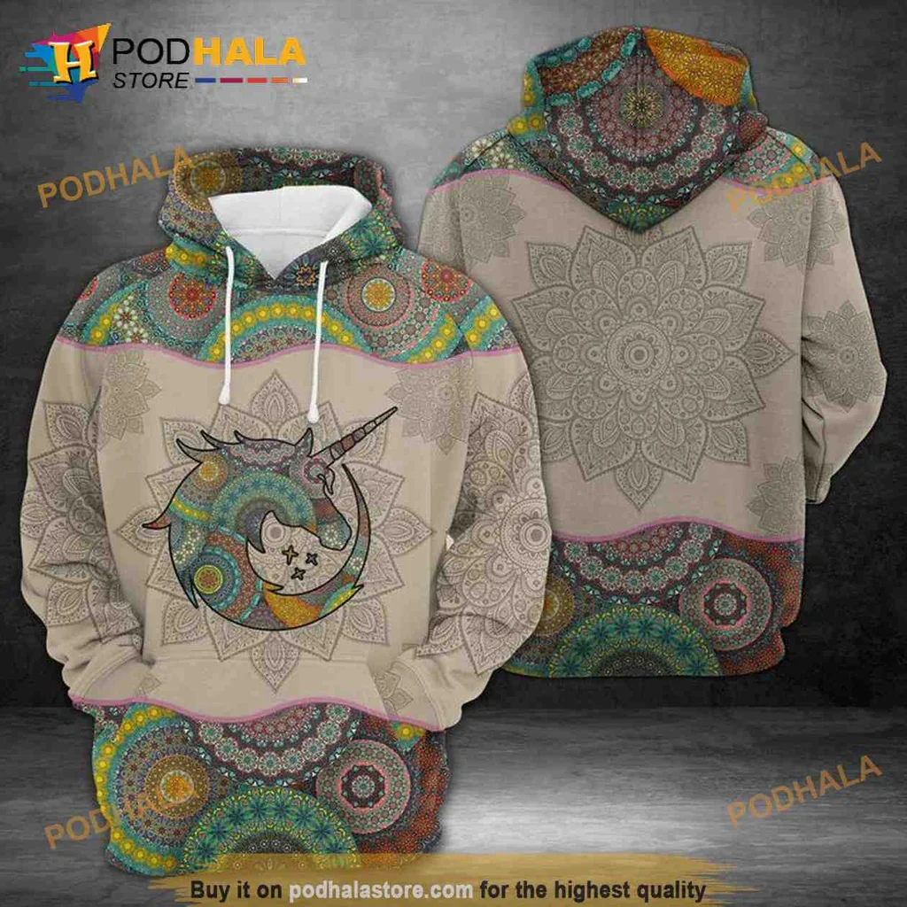 Playful Unicorn Mandala 3d Hoodie With Vibrant Pastel Design