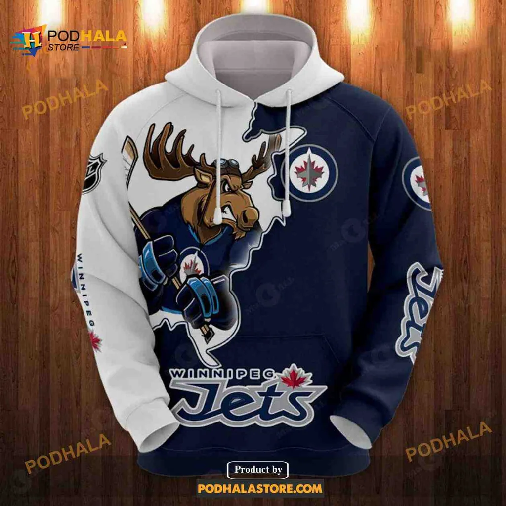 Playful Winnipeg Jets Moose 3d Hoodie With Hockey Stick Design