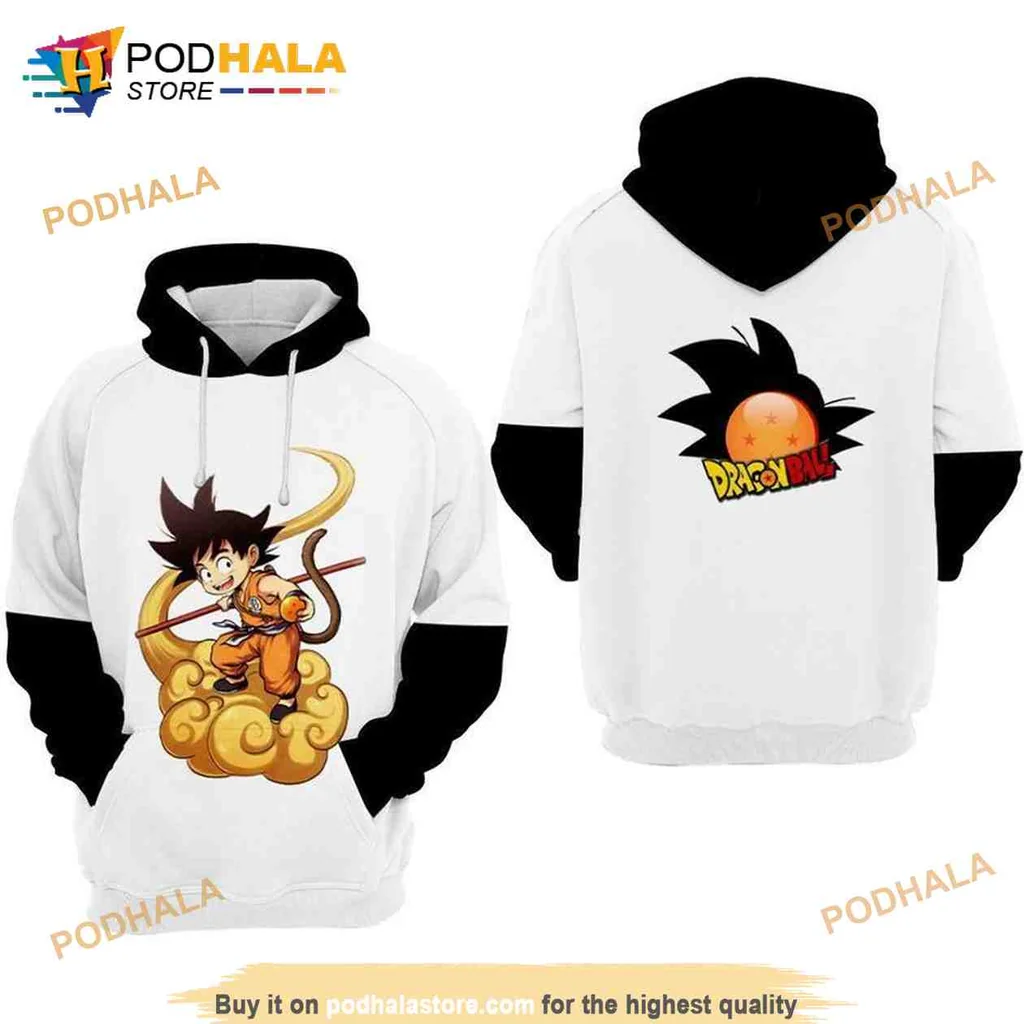 Playful Young Goku 3d Hoodie Featuring Iconic Cloud And Staff Design