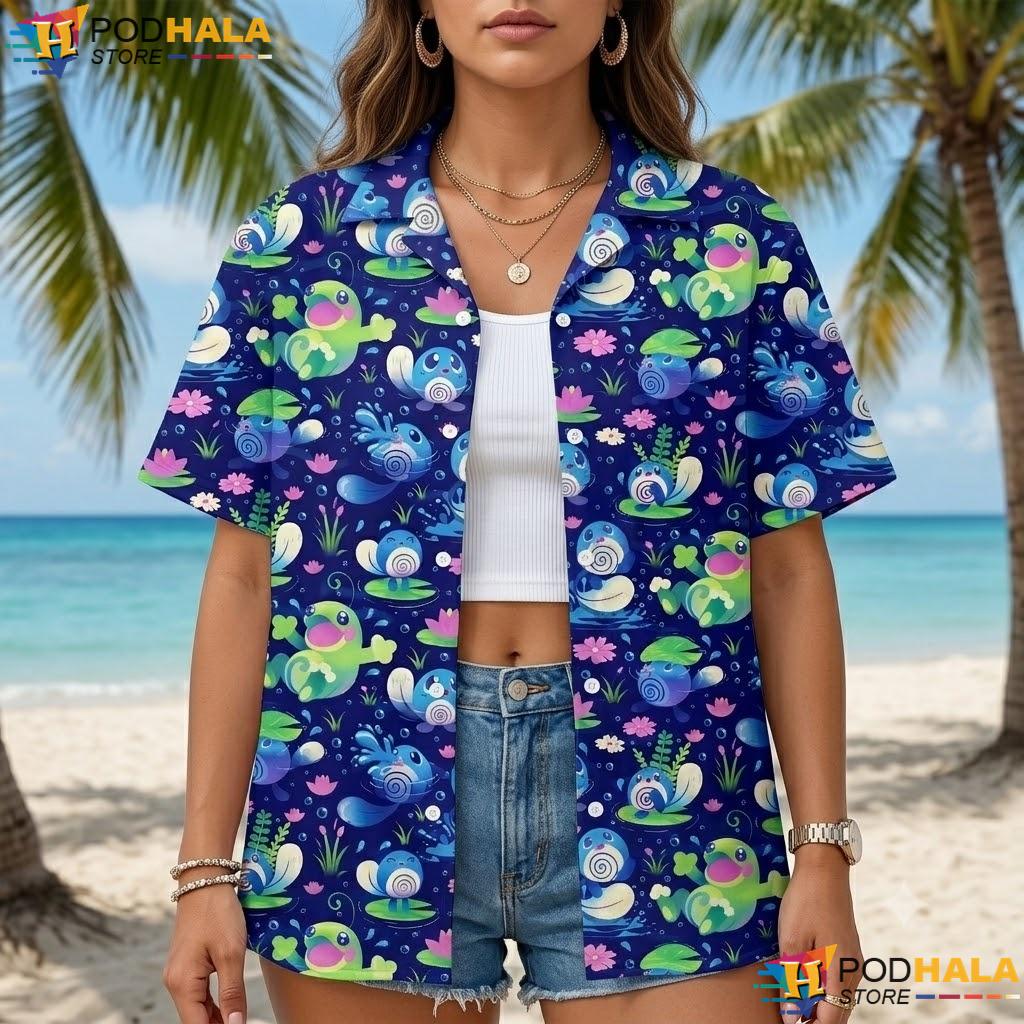 Poliwag Water Pattern Short-sleeve button-up shirt Tropical Summer Beach Outfit Top Poliwag Water Pattern Short-sleeve button-up shirt Tropical Summer Beach Outfit Top