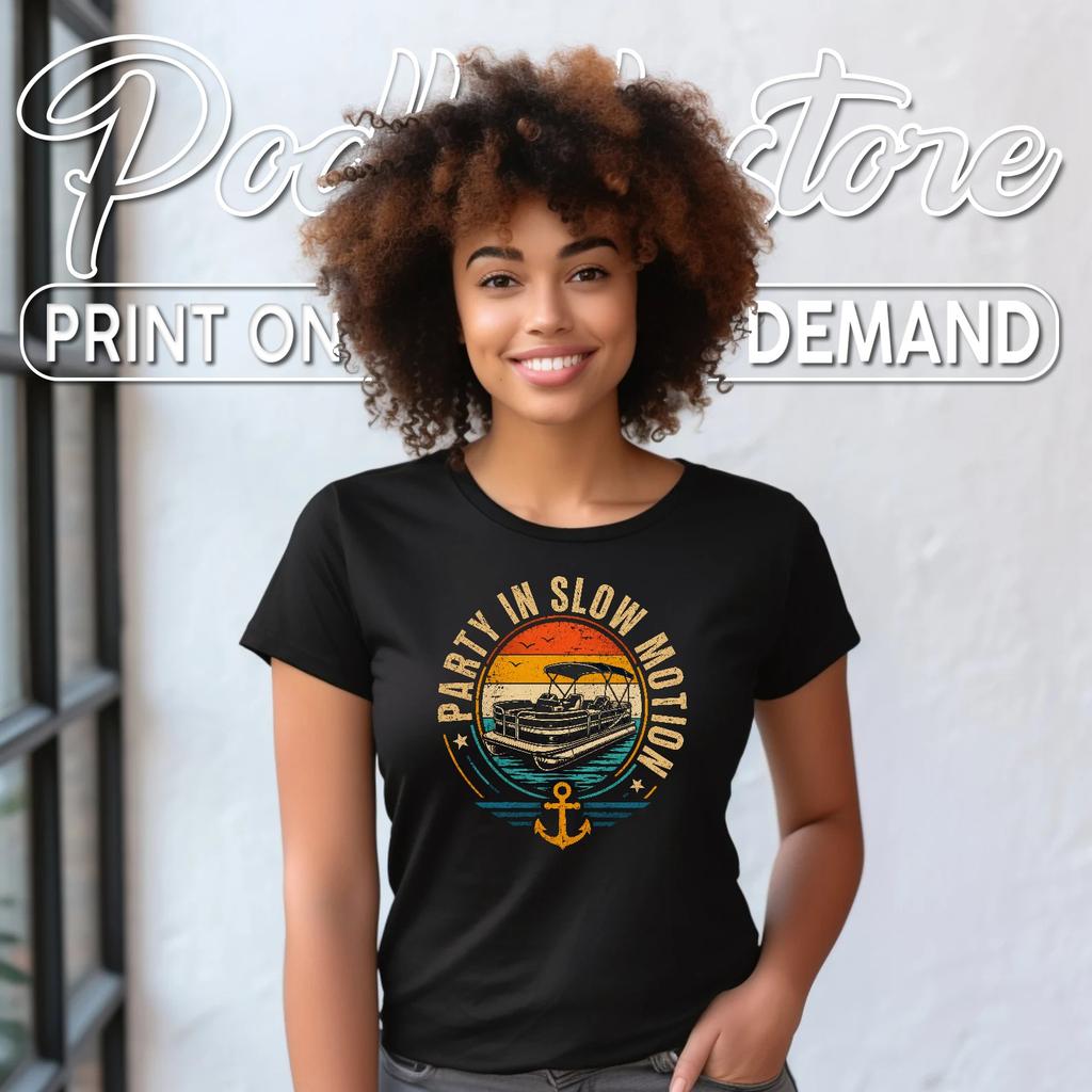 Pontoon Party Slow Motion T-Shirt Funny Boat Lake Drinking Humor Top