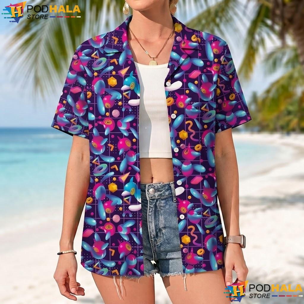 Porygon Retro Cyber Button Up Tee Colorful Summer Beach Outfit Top Porygon Retro Cyber Button Up Tee Colorful Summer Beach Outfit Top