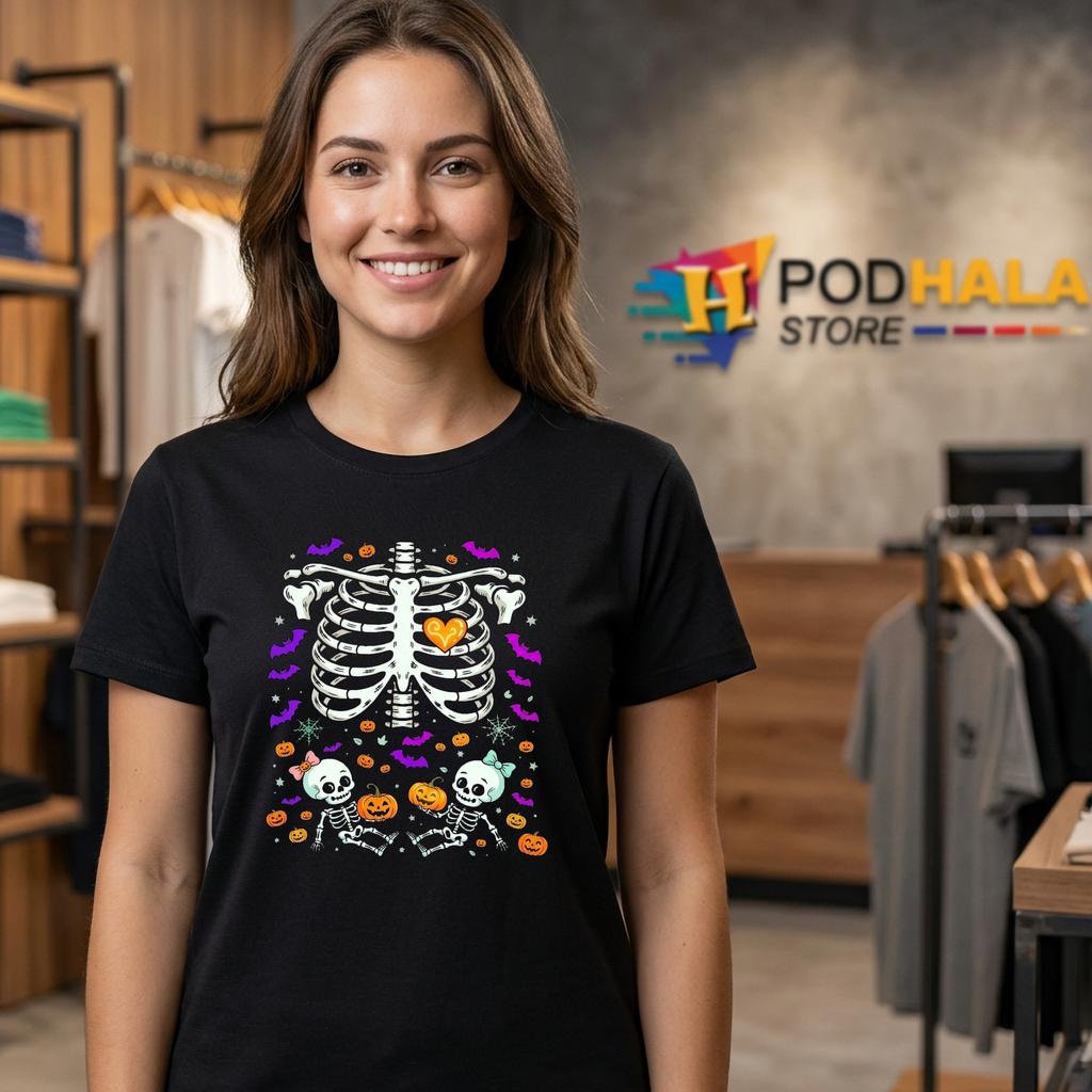 Pregnant Skeleton Twin Baby Halloween Shirt Pregnancy Announcement Pregnant Skeleton Twin Baby Halloween Shirt Pregnancy Announcement