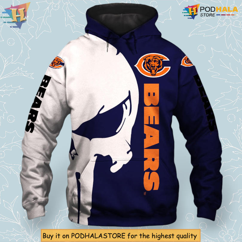 Printed Skull Pattern Graphic Chicago Bears Full Zip Hoodie Fan Gift
