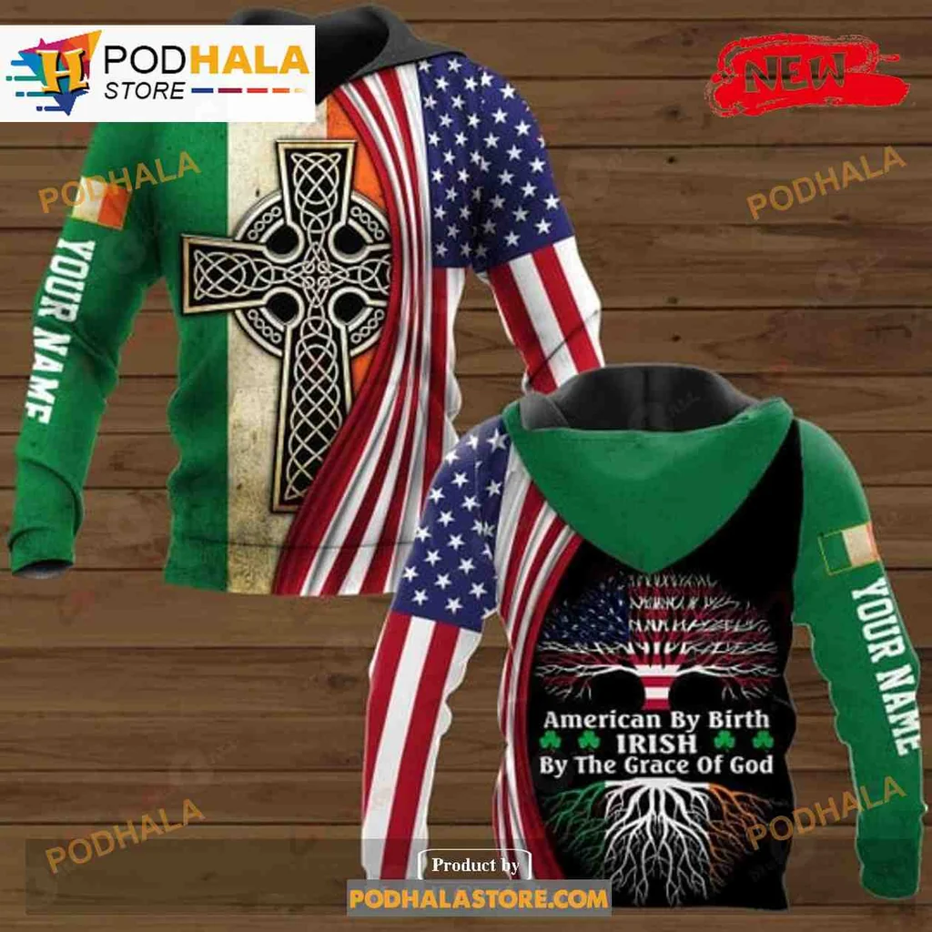 Proud American Irish Heritage 3d Hoodie With Celtic Cross And Flags