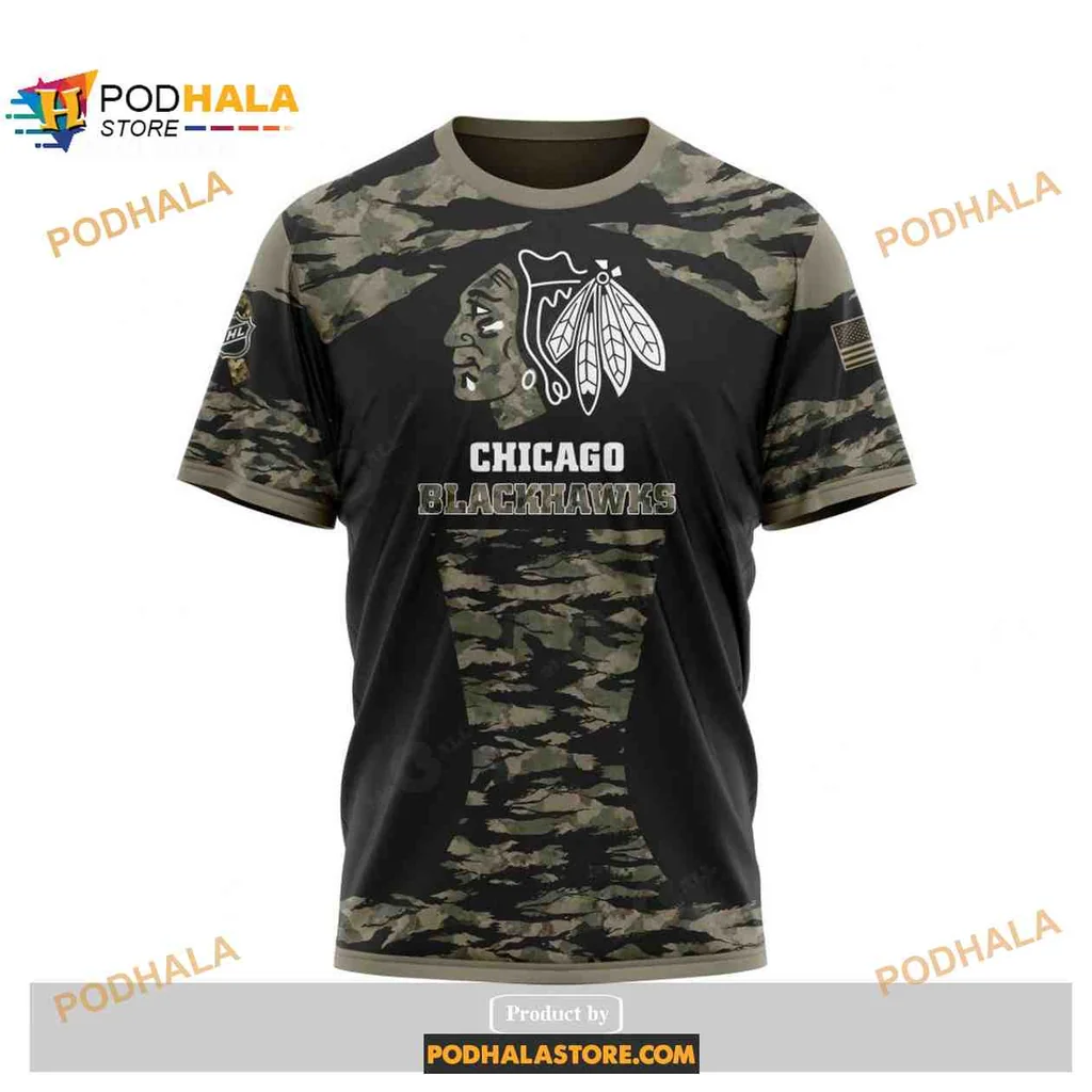 Proud Chicago Blackhawks Military AOP Hoodie With Camouflage And American Flag Proud Chicago Blackhawks Military AOP Hoodie With Camouflage And American Flag