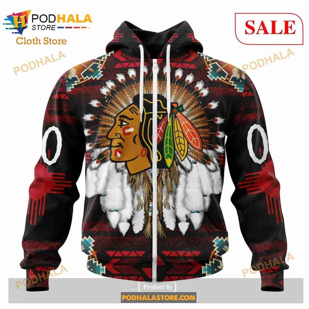 Proud Chicago Blackhawks Native American All Over Print Hoodie With Vibrant Headdress Design Proud Chicago Blackhawks Native American All Over Print Hoodie With Vibrant Headdress Design