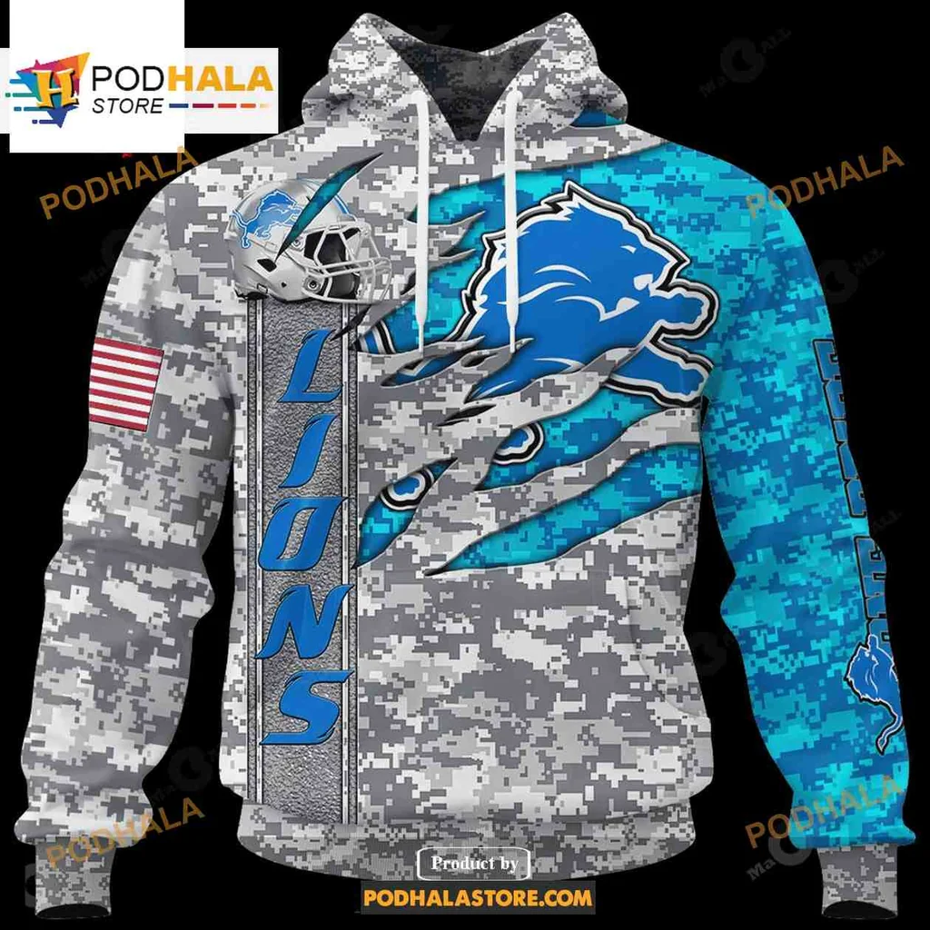 Proud Detroit Lions Camouflage 3d Hoodie With American Flag Patch