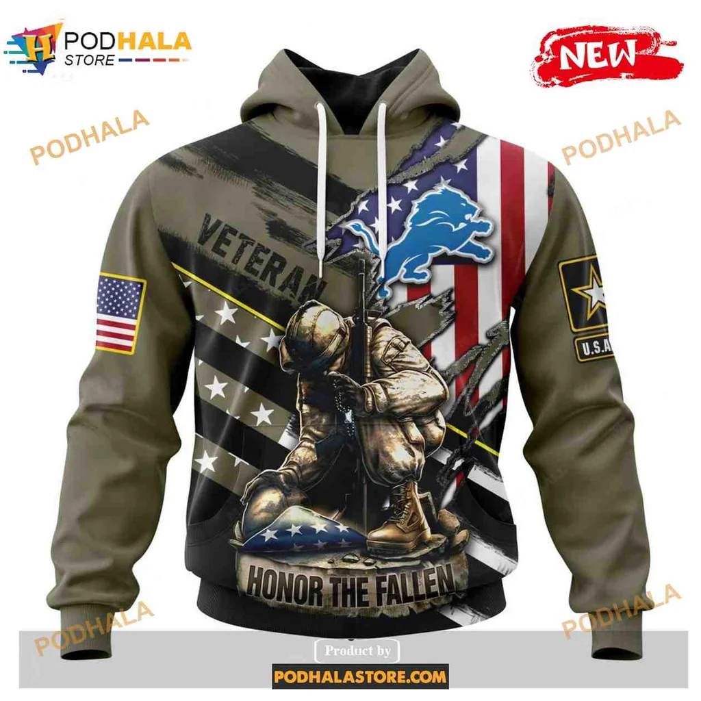 Proud Detroit Lions Soldier 3d Hoodie With American Flag And Honor The Fallen Design