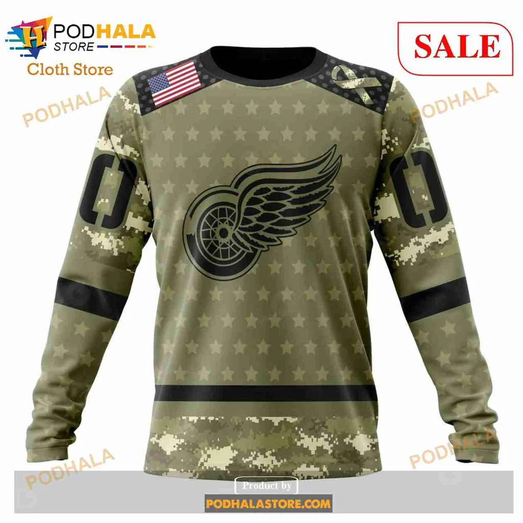 Proud Detroit Red Wings Camo Hoodie With Military Appreciation Design - View 3 Proud Detroit Red Wings Camo Hoodie With Military Appreciation Design - View 3