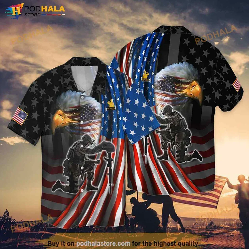 Proud Eagle Veteran Hawaiian Shirt Featuring American Flag Design