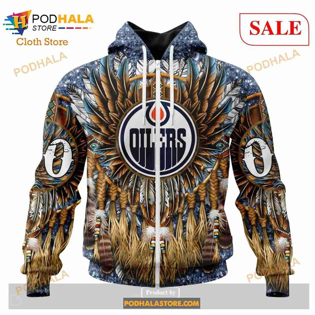 Proud Edmonton Oilers Native Hoodie With Tribal Feather Design - View 1 Proud Edmonton Oilers Native Hoodie With Tribal Feather Design - View 1