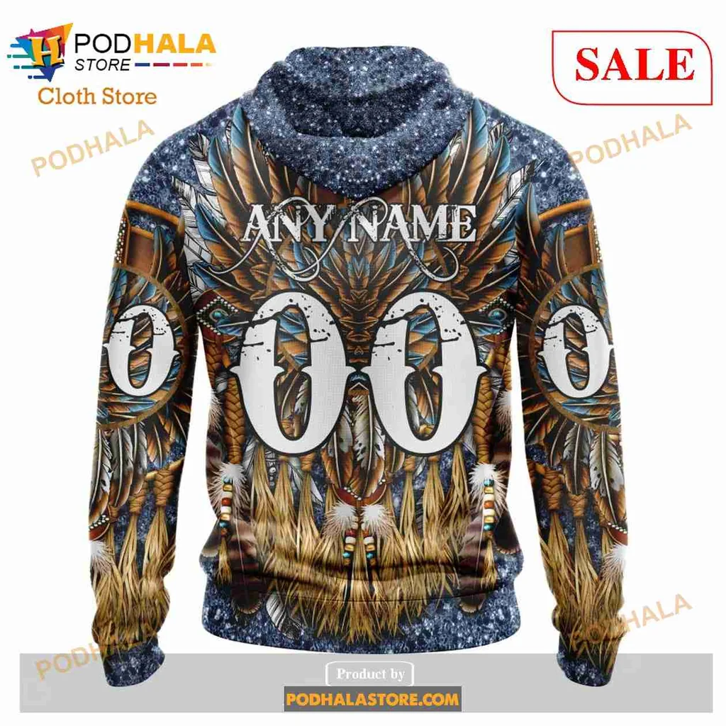 Proud Edmonton Oilers Native Hoodie With Tribal Feather Design - View 2 Proud Edmonton Oilers Native Hoodie With Tribal Feather Design - View 2