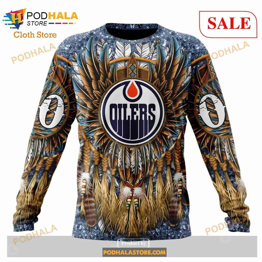 Proud Edmonton Oilers Native Hoodie With Tribal Feather Design - View 3 Proud Edmonton Oilers Native Hoodie With Tribal Feather Design - View 3