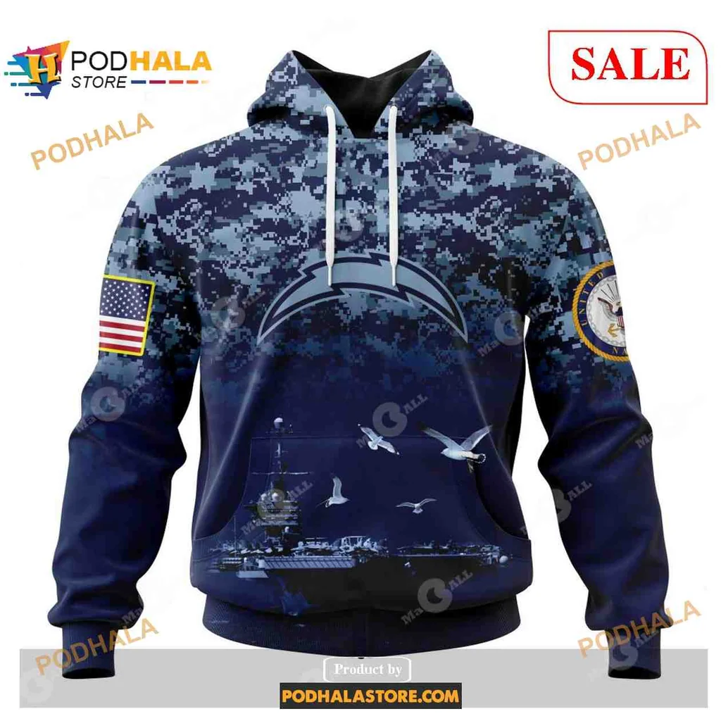 Proud Los Angeles Chargers Navy Veterans Hoodie With Camouflage Design