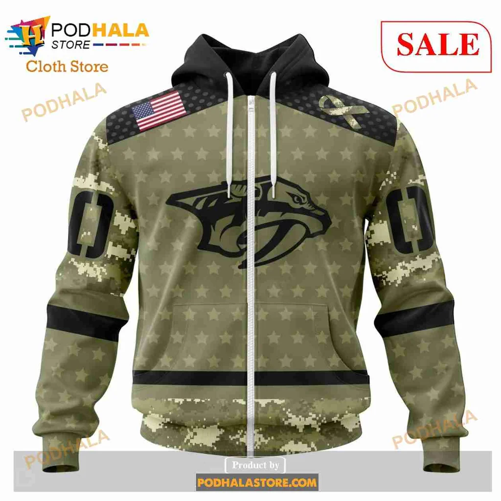 Proud Nashville Predators Military Camo Hoodie With American Flag Design - View 1 Proud Nashville Predators Military Camo Hoodie With American Flag Design - View 1