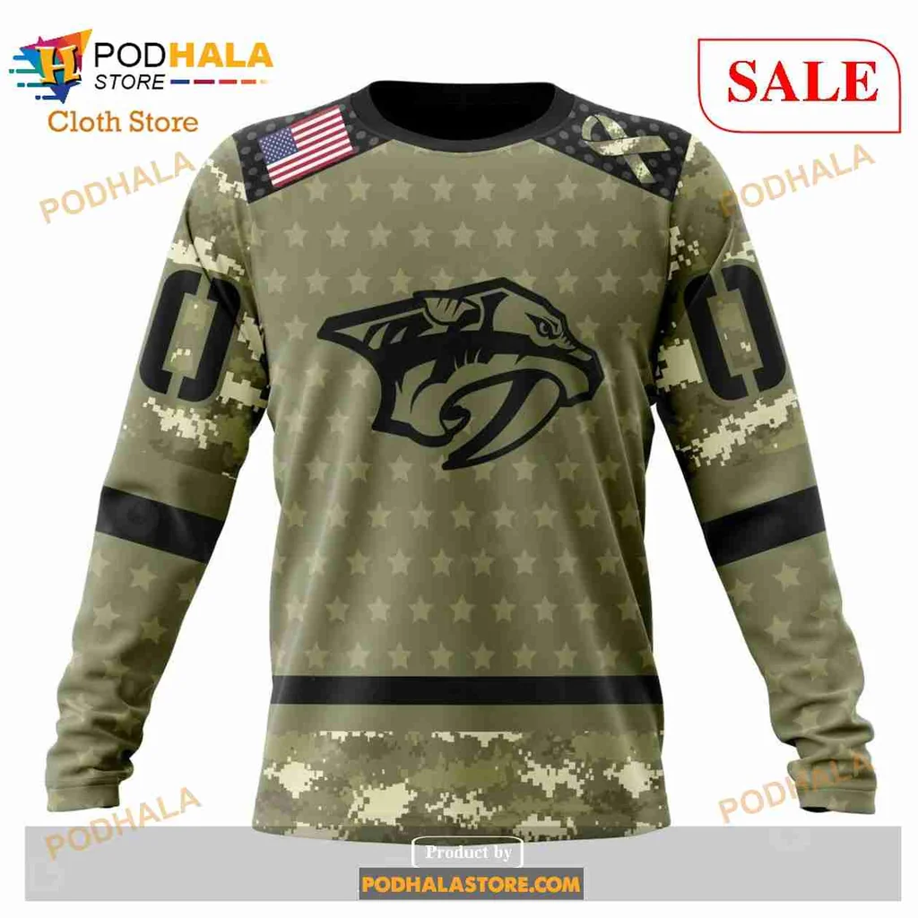 Proud Nashville Predators Military Camo Hoodie With American Flag Design - View 3 Proud Nashville Predators Military Camo Hoodie With American Flag Design - View 3