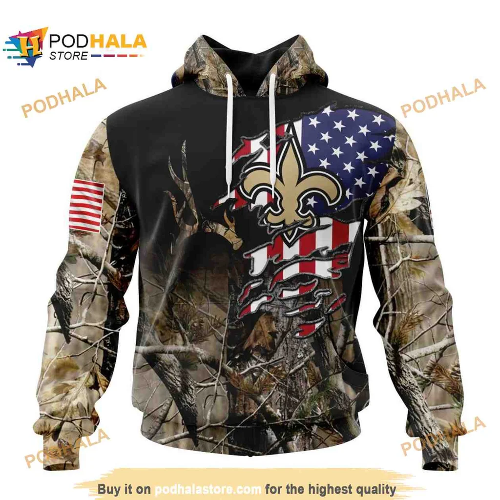 Proud New Orleans Saints Camo 3d Hoodie With American Flag And Antlers