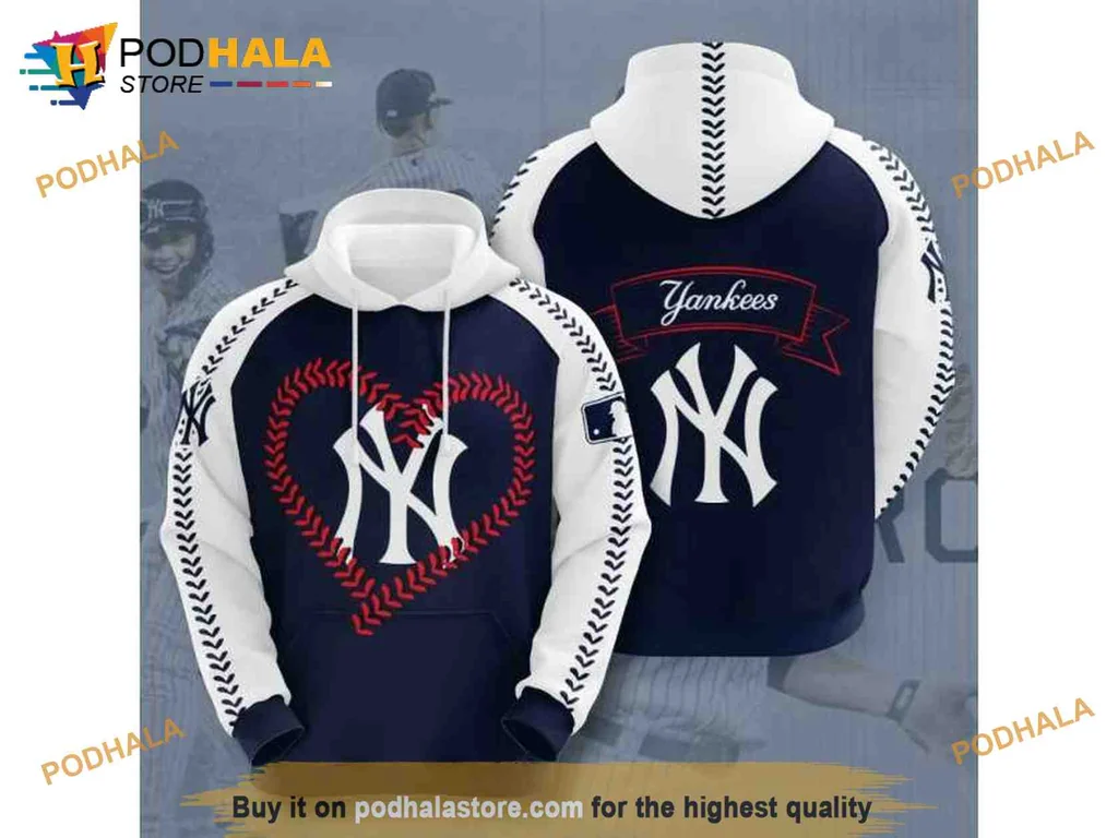Proud New York Yankees 3d Hoodie Featuring Heart And Baseball Stitching Design