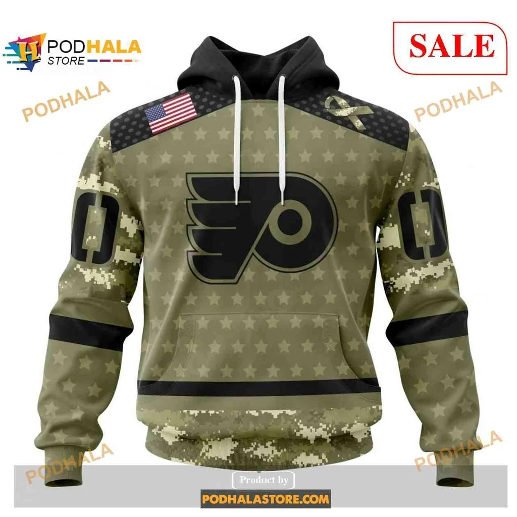 Proud Philadelphia Flyers Military Camo Hoodie With American Flag Design