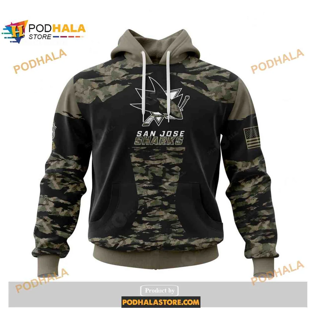 Proud San Jose Sharks Military Camouflage Hoodie With American Flag Patch