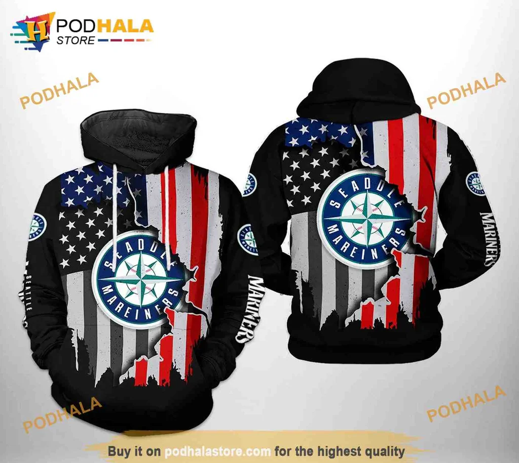 Proud Seattle Mariners 3d Hoodie Featuring American Flag Design