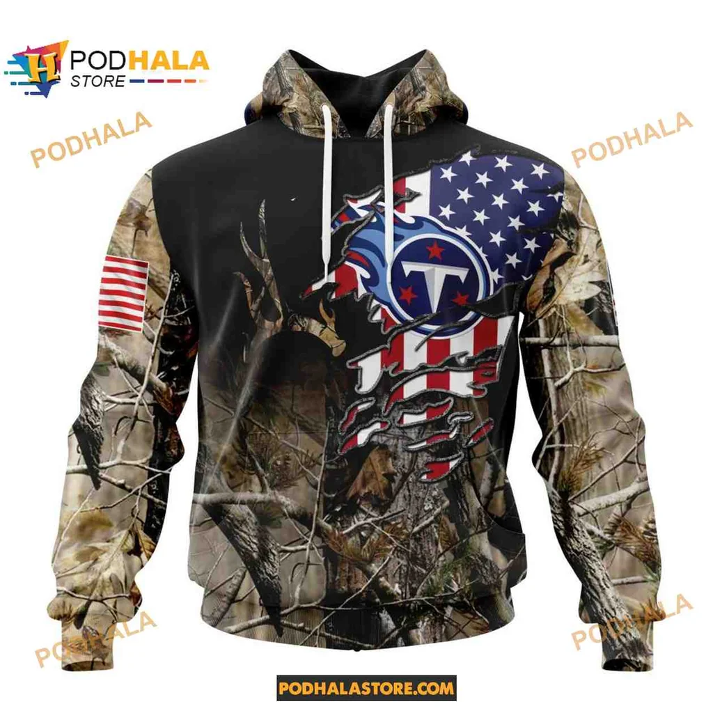 Proud Tennessee Titans Camouflage Hunting Hoodie With American Flag Design