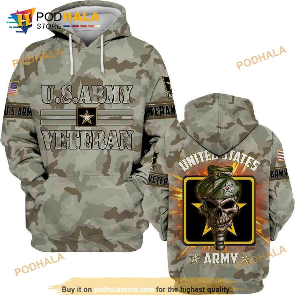 Proud Us Army Veteran 3d Hoodie With Camouflage And Skull Design