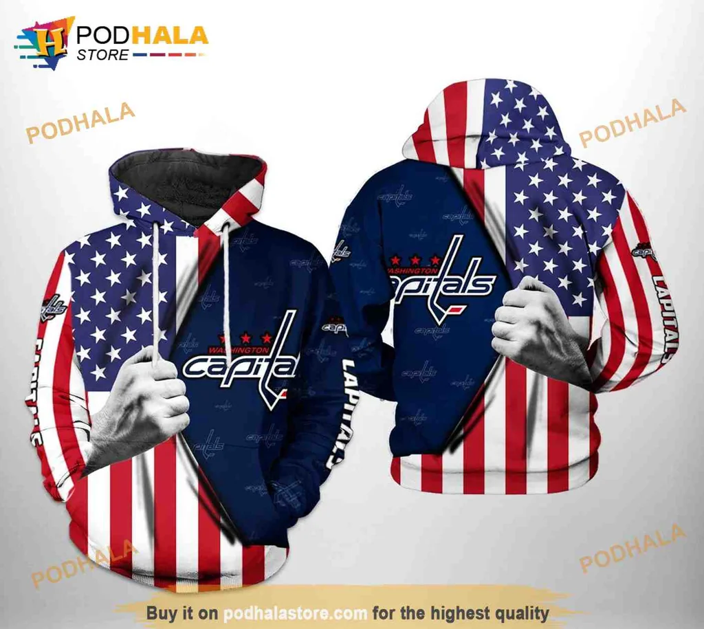 Proud Washington Capitals 3d Hoodie Featuring American Flag Design
