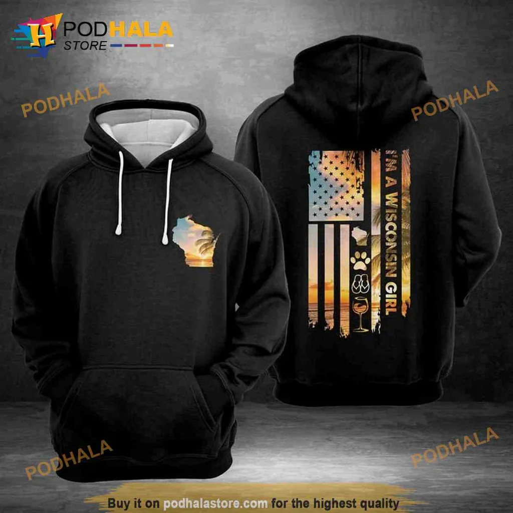 Proud Wisconsin Girl 3d Hoodie Featuring American Flag And Sunset Design