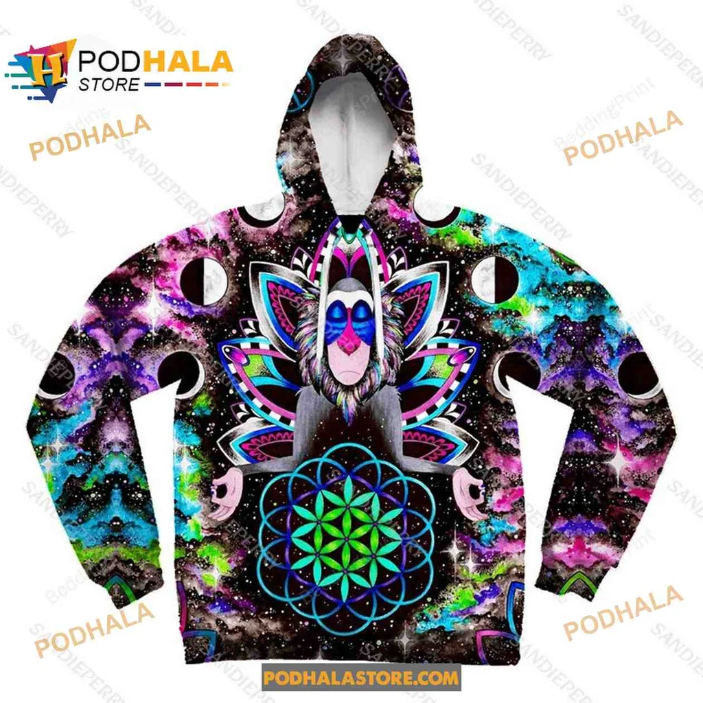Psychedelic Rafiki Monkey 3d Hoodie With Cosmic Floral Design