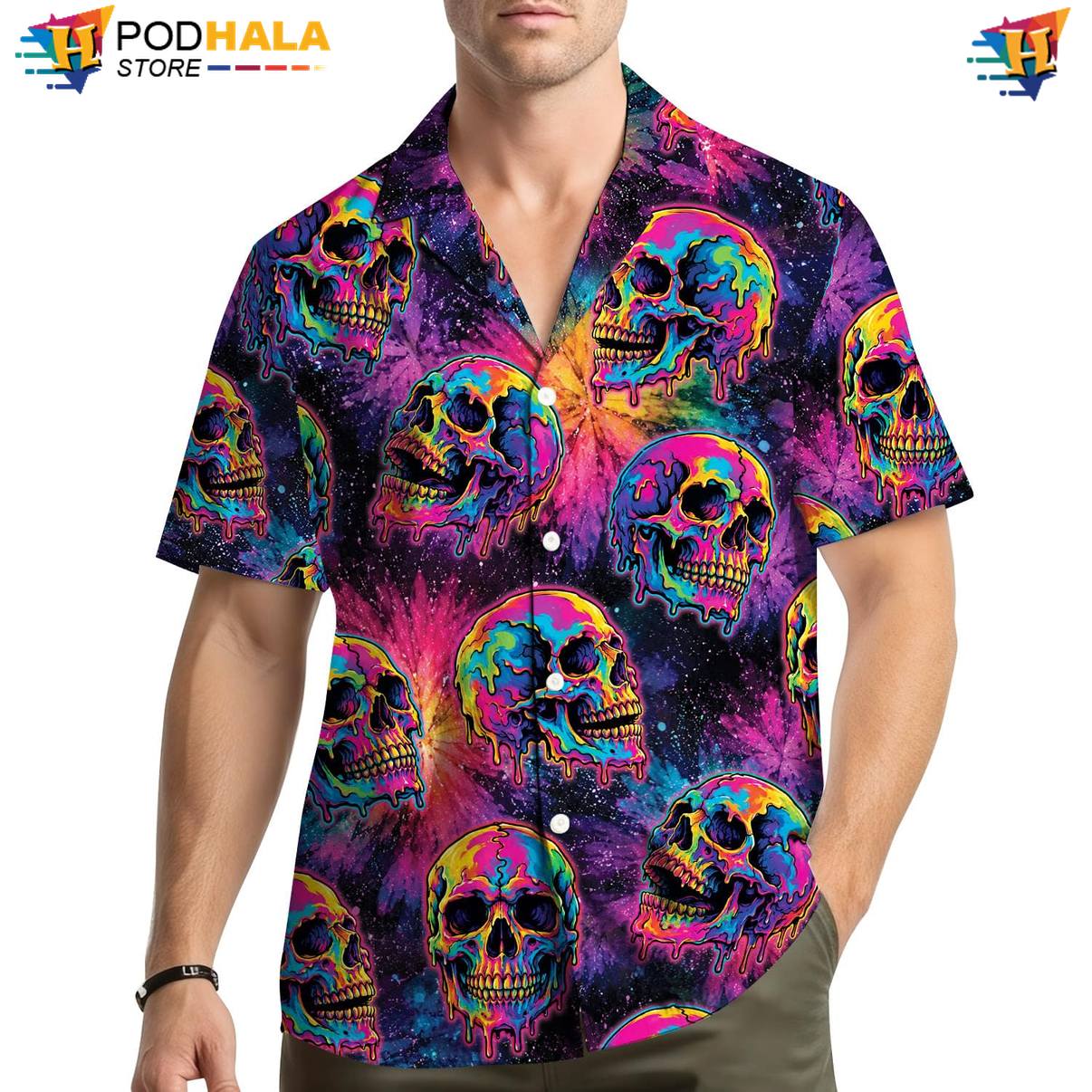 Psychedelic Skull Hawaiian Shirt Mens Novelty Luau Party Vacation Outfit